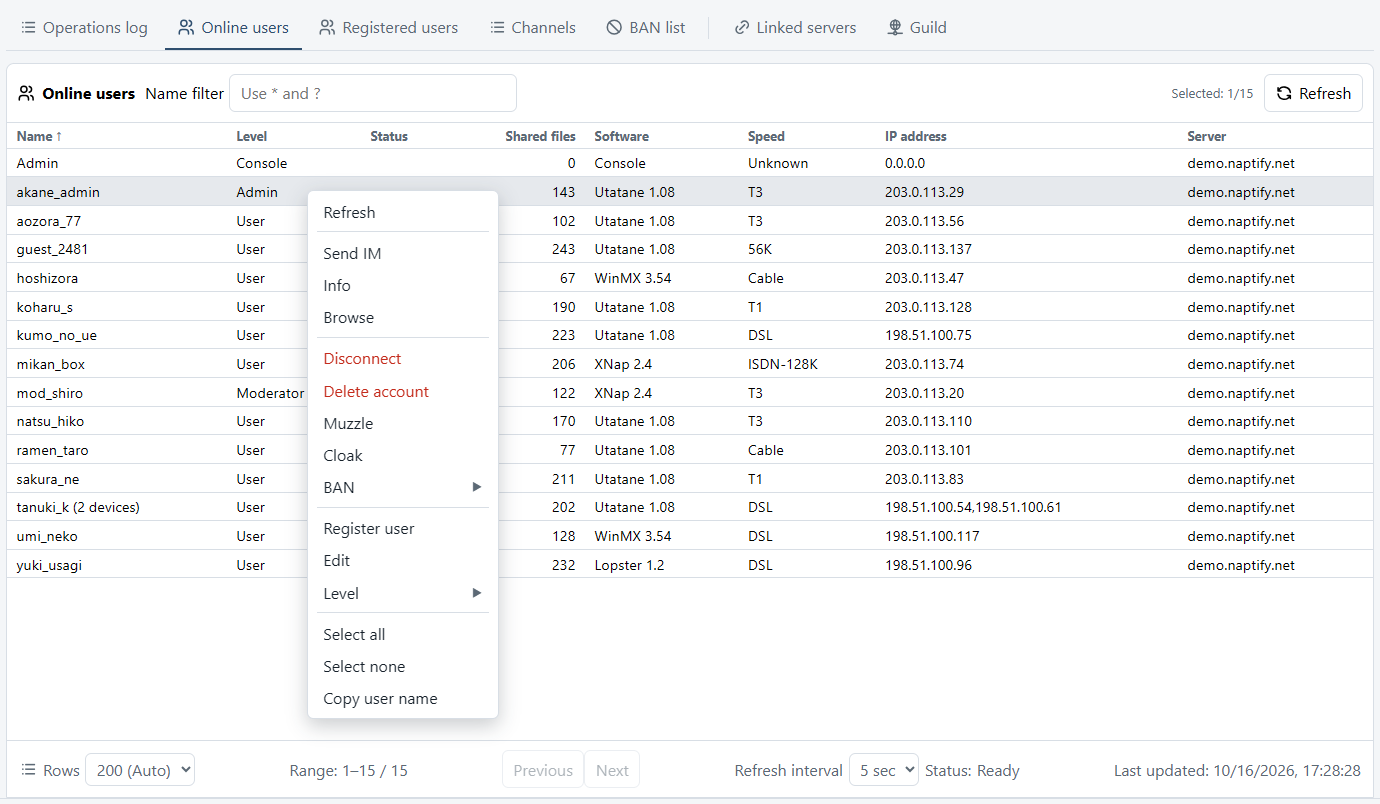 The Online users list with the menu opened by right-clicking a user: Refresh, Send IM, Info, Browse, Disconnect, Delete account, Muzzle, Cloak, BAN, Register user, Edit, Level and more.