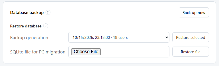The Database backup card: Back up now, a backup generation with Restore selected, and an SQLite file for PC migration with Restore file.