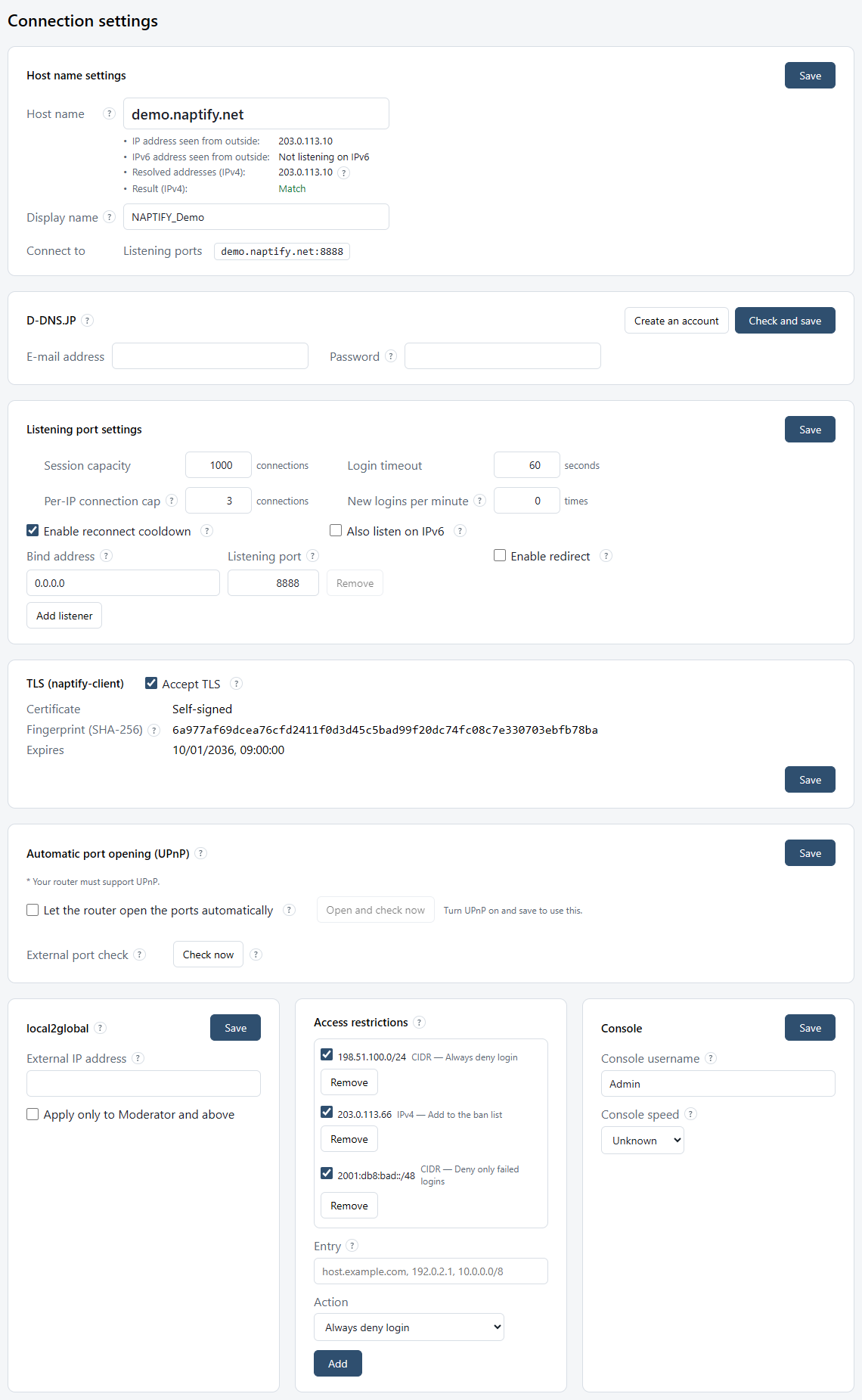 The Connection settings section: the Host name settings, D-DNS.JP, Listening port settings, TLS (naptify-client), Automatic port opening (UPnP) and External port check, local2global, Access restrictions and Console cards.