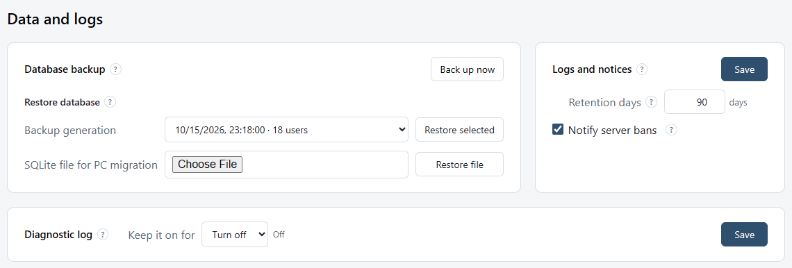 The Data and logs section: the Database backup, Logs and notices, and Diagnostic log cards.