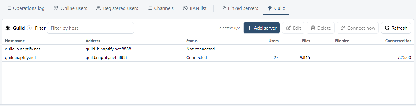 The guild list with the Host name, Address, Status, Users, Files, File size and Connected for columns.