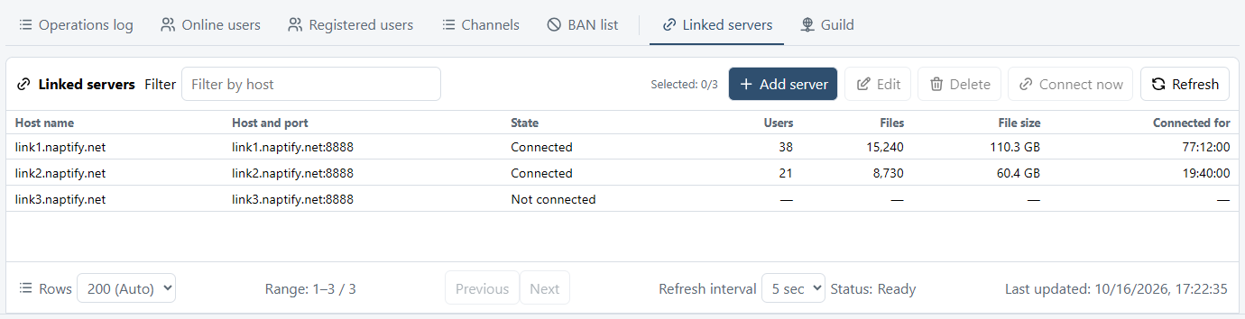 The linked server list with the Host name, Host and port, State, Users, Files, File size and Connected for columns.