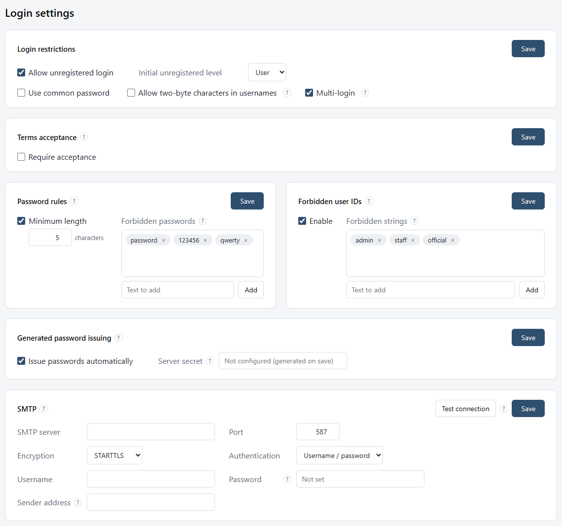 The Login settings section: the Login restrictions, Terms acceptance, Password rules, Forbidden user IDs, Generated password issuing and SMTP cards.