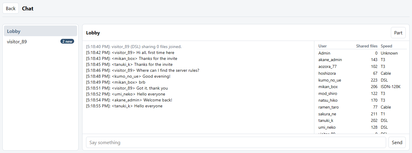 The Chat page: the list of conversations (channels and private messages) on the left, and the channel messages and members on the right, with the message box below.