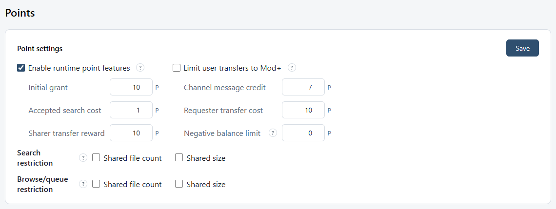 The Points section: whether points are enabled, the initial grant, earning and spending values, the negative balance limit, and the search and browse/queue restrictions.