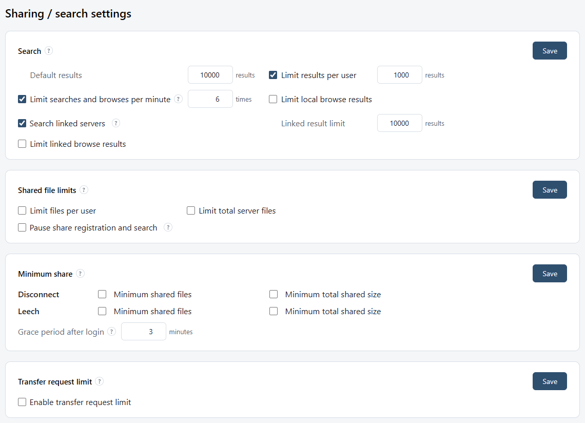 The Sharing / search settings section: the Search, Shared file limits, Minimum share and Transfer request limit cards.