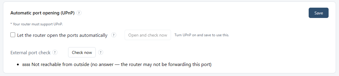 A result of the external port check: port 8888 shows “Not reachable from outside (no answer — the router may not be forwarding this port)”.