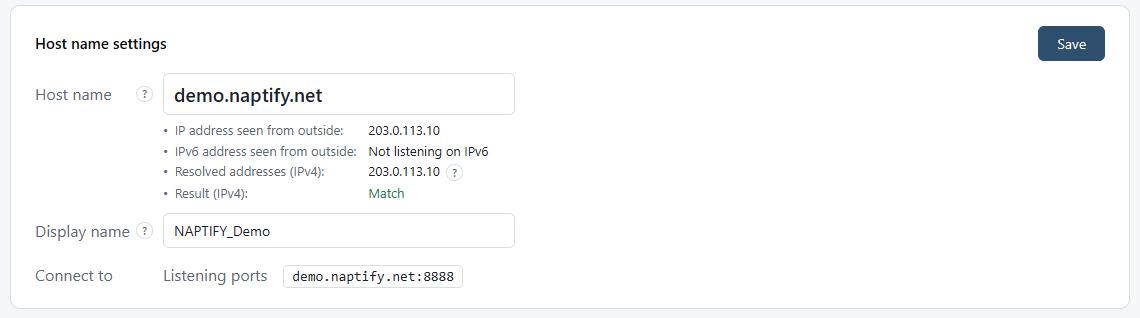 Settings — “Host name settings” in “Connection settings”