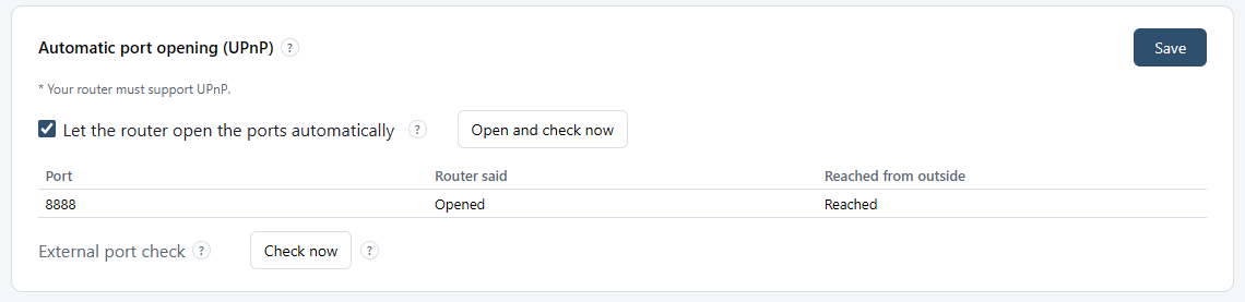 Settings — “Automatic port opening (UPnP)”